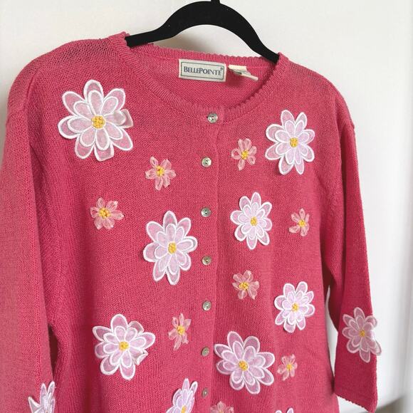 Vintage Bubblegum Baby Pink Daisy Floral Grandma Cardigan Sweater Cottage Large - Picture 2 of 8
